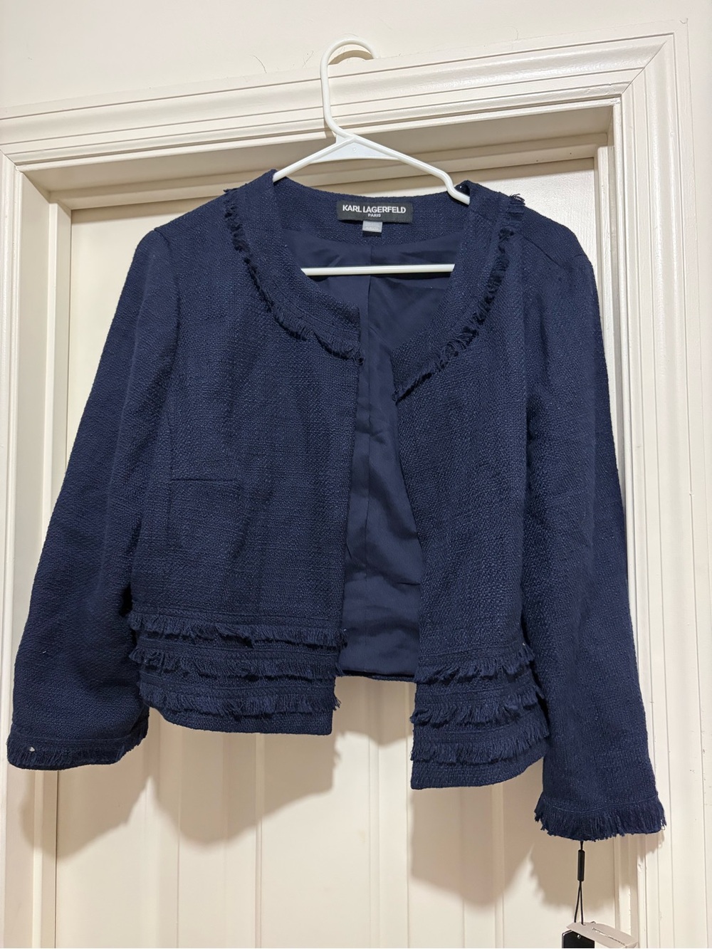 Karl Lagerfeld Navy Textured Fringe Cropped Jacket